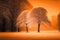 Atmospheric seasonal with snow covered tree silhouettes illustration design art