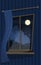 Atmospheric window with a curtain. Cozy view on the moon and tree