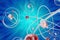 Atom background, shining nuclear model atoms and electrons. Physics concept. 3d rendering
