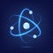 Atom icon isolated on transparent background. Fusion orbit spin. Neon light atomic neutron. Atom blue color. Nuclear atom. 3d cell