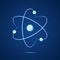 Atom icon. Neon light atomic neutron. Atom blue color. Nuclear atom. 3d cell nucleus. Molecule fusion. Orbit spin. Proton core sym