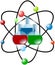 Atom scheme with colored laboratory flasks