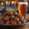 an atractive and tastefull image of meatballs portion and pint of beer together