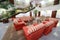 Atrium with red soft armchairs, couches and stairs