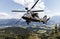 Attack helicopter flies over german landscape