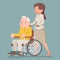 Attendant Nurse Caring for Elderly Wheelchair Old Man Character Sit Adult Icon Cartoon Design Vector Illustration