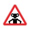 Attention Alien. Caution ufo. Red triangle road sign. No Extraterrestrial civilization