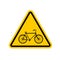Attention cyclist. bicycle on yellow triangle. Road sign Caution