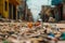 An attention-grabbing photo of a litter-filled street in a polluted city, emphasizing the importance of proper waste management