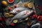 Attention grabbing visually appealing whole fishes on wooden board. Generate ai