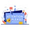 Attention please concept with tiny character. People holding and speaking through megaphone flat vector illustration. Exclamation