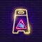 Attention slippery floor neon sign. Cleaning symbol. Glowing signboard icon with warning. Vector illustration for design. Alert