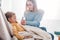 attentive mother giving medicines to ill