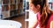 Attentive schoolgirl doing homework in library