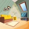 Attic. Bedroom for kids interior of attic room corner with window on ceiling vector picture in cartoon style