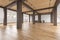 Attic loft open space empty interior with beams, windows, stairway, wooden floor.