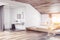 Attic white, wooden bedroom corner, bathroom blur