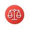 attorney account avatar, scales white line vector icon, red rounded button, justice symbol, weight balance, sign of law