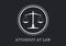 Attorney at law text with court scale icon on a round banner against black background