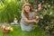 Attractive adult woman cuts flowers roses in the yard