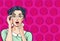 Attractive amazed young woman  with mobile phone in hand. Wow girl in comic style. Pop art woman holding smartphone.