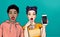 Attractive amazed young women with mobile phone in hand. Wow girls in comic style. Pop art woman holding smartphone.