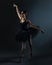 Attractive ballerina poses gracefully in the studio on a black background