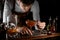 Attractive bartender putting berry on the skewer on the cocktail glass