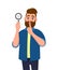 Attractive bearded young man holding magnifying glass and asking silence, keep quiet, shh, silence please! Search, find, discovery