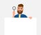 Attractive bearded young man showing/holding magnifying glass and blank/empty poster, paper or sheet in hand. Search, find.