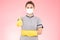 Attractive Beautiful Asian woman maid wearing face mask and gloves smile and thumbs up sign feeling so happiness and confident,Iso