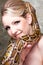 Attractive blond woman with python on grey