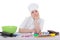 Attractive bored female confectioner in cook uniform sitting at