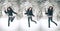 Attractive brunette girl in black posing playing in winter scenery. Beautiful young woman with long hair enjoying the snow