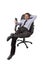 Attractive businessman leaning relaxed sitting on office chair networking on mobile phone