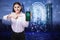 Attractive businesswoman pointing at cellphone with abstract glowing fingerprint hologram on blurry city background.