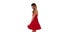 Attractive carefree woman laughing and twirling in red sundress in studio