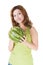 Attractive casual woman holding watermelon.
