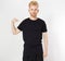 Attractive caucasian young man wearing a blank cotton black t-shirt isolated on white, man in blank tshirt mock up