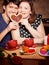 Attractive couple have fun in the kitchen at Valentine day