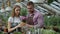 Attractive couple work in greenhouse. Young woman and man florists in apron talking and discussing about flowers