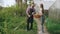 Attractive couple work near greenhouse. Man gardener in apron collect garbage in garden while his wife talking him