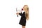 Attractive cute girl in dark dress hold megaphone