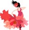 Attractive dancer in a red dress with a hem in the form of a cosmos flower and a lily flower as a crown, dancing flamenco