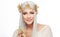 Attractive Elf Queen with Silver Hair and Golden Christmas Poinsettia Flower Wreath