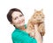 Attractive emotional woman 50 years old with red cat isolated on