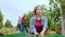 Attractive farmer lady together with her family collecting the grapes harvest she selecting the grapes on the plastic