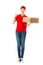 Attractive female delivery officer shipping pizza