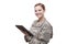 Attractive female soldier with digital tablet