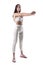 Attractive fit sporty woman in white sportswear warming up stretching arms muscles